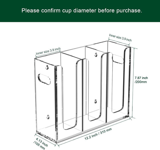 Disposable Coffee Cup Dispenser with Handles, Countertop or Wall Mount Hot/Cold Drink Cup and Lid Holder - Bathroom/Kitchen/Office Acrylic Cup Lid Storage Organizer (3 Compartments, Clear)