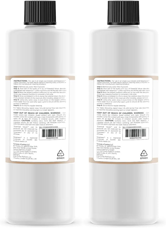 Essential Values Descaling Solution Compatible with Nespresso - Coffee Descaler - Coffee Maker Cleaner - Kettle, Espresso Machine Cleaning - 12 Month Supply 2-Pack