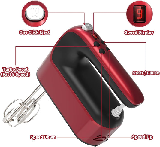 9-Speed Digital Hand Mixer Electric, 400W DC Motor, Hand Mixer electric Handheld with Snap-On Storage Case, Touch Button, Turbo Boost, 5x Stainless Steel Accessories (Red)
