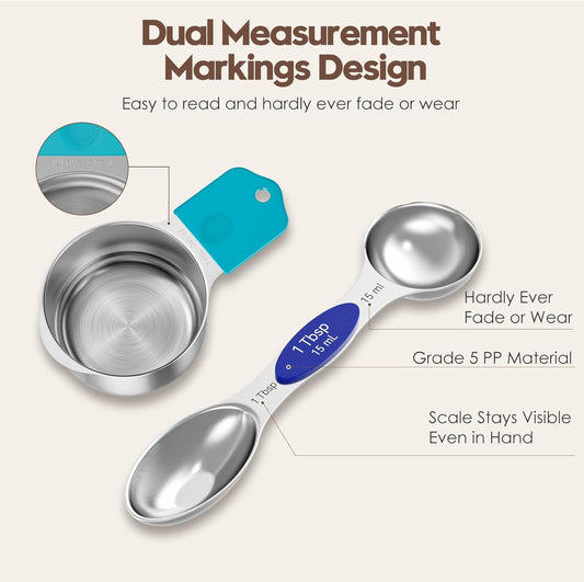 Magnetic Measuring Cups and Spoons Set - 304 Stainless Steel | Dual-sided Design | Set of 15 with Leveler | Strong N52 Magnetic Nesting Design | for Dry & Liquid Ingredients (Colorful)