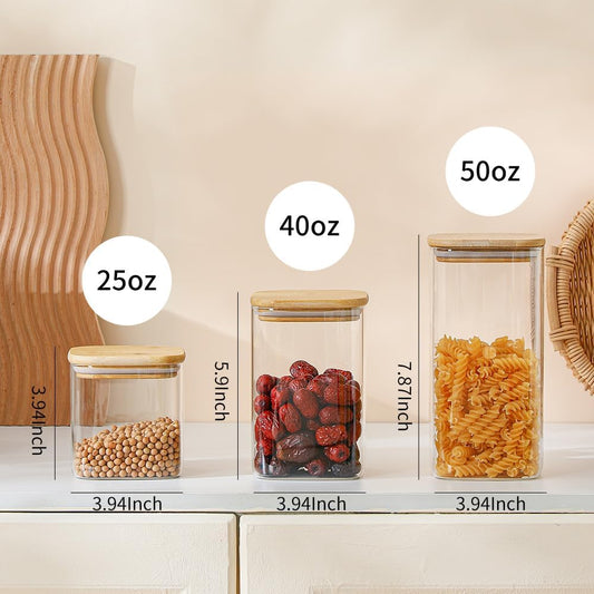 Glass Food Storage Containers with Lids 6 Pack(25oz/37oz/50oz), High Borosilicate Glass Jars for Coffee Bean, Candy, Cookie, Flour, Square