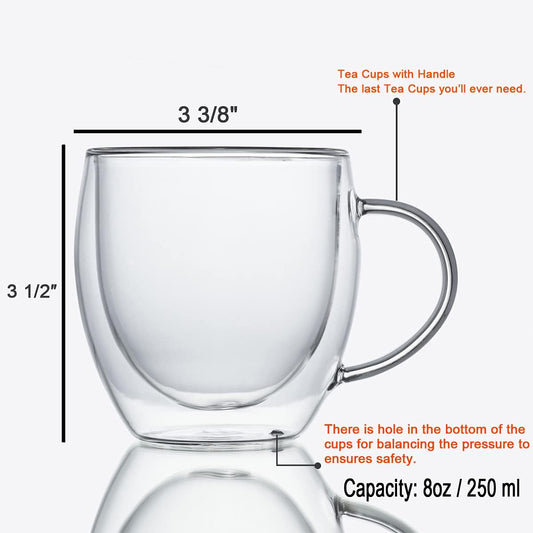 ZONEYILA Double Walled Glass Coffee Mugs 8oz, Insulated Borosilicate Glass Coffee Cups Set of 4, Clear Glasses Mug with Handle for Espresso, Cappuccino, Tea, Hot Beverages