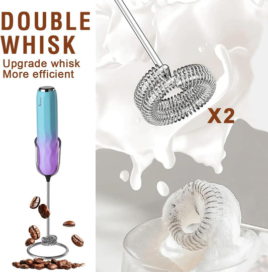 SUPRUS Ultra Fast Handheld Milk Frother Double Whisk with Stand 2 Batteries Stainless Steel for Lattes Cappuccino Matcha Hot Chocolate Coffee Bar Accessories Kitchen Gadgets Gift