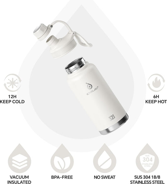 IDEUS Insulated Stainless Steel Water Bottle with 2 Leak-Proof Lids, Thermal Water Flask for Hiking Biking, 32oz, White