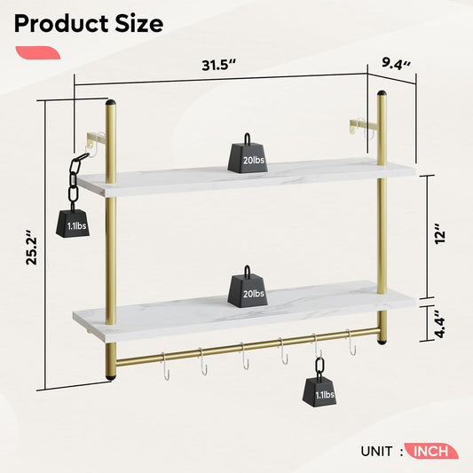 Bestier Floating Shelving 31" Kitchen Wall - Mounted Shelf with Towel Bar Hooks Coffee Bar Shelf Wine Hanging Display Rack Bookshelf Living Room Decor Bathroom - White Marble