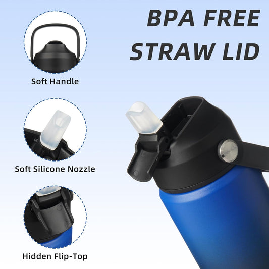 BJPKPK Insulated Water Bottle with Straw Lid, 18oz Thermos Water Bottles, Flex Handle & Non-slip Boot, BPA Free Leak Proof Stainless Steel Metal Thermos, Tumblers, Cups,Black Blue