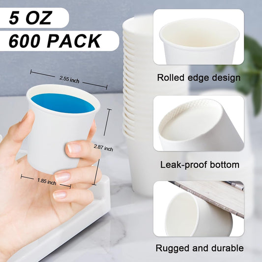 600 Pack 5 oz Paper Cups, Disposable Mini Bathroom Mouthwash Cups, Hot/Cold Drinking Cups, White Disposable Paper Cups for Bathroom, Home, Party, Office, Picnic, Travel
