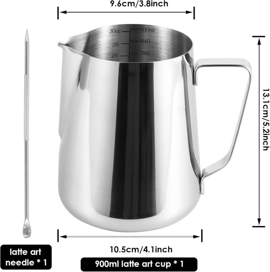 2 Pack Milk Frothing Pitcher 900ml 32oz Steaming Pitchers Stainless Steel Milk/Coffee/Cappuccino/Latte Art Steam Pitchers Milk Jug Cup with Art Pen(2)
