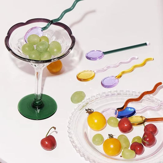 5 Pieces Glass Spoons, Creative Colorful Glass Dessert Spoon Colored Transparent Coffee Milk Curved Handle Stirring Teaspoon for Home Bar Party (Round)