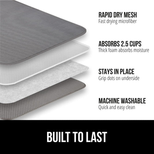 GORILLA GRIP Ultra Water Absorbent Microfiber Dish Drying Mat, 18x24, Quick Dry Thick Mesh, Slip Resistant Pad for Sink Dishes or Under Rack, Kitchen Counter Accessories, Machine Wash, 2 Pack Gray