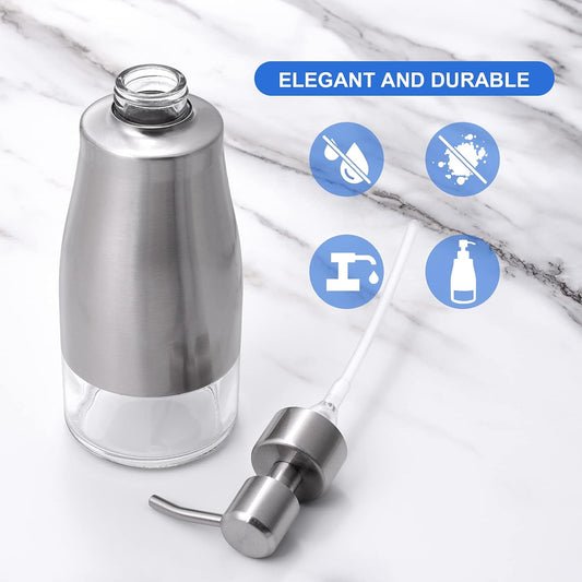 Non-Slip Soap Dispenser with Brushed Nickel Stainless Steel Case, Glass Liner, and Hand Pump for Kitchen/Bathroom. Refillable Liquid Soap Dispenser, 11oz/320ml Capacity.