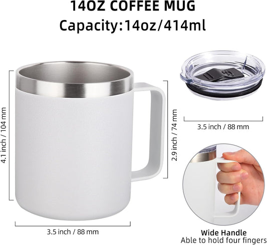 Volhoply 14oz Insulated Stainless Steel Coffee Mug with Lid Bulk 2 Pack,Double Wall Vacuum Travel Coffee Cup with Handle,Reusable Cups Tumbler Cup,Camping Mugs Keep Hot,Ideal Gifts(Assorted,2)