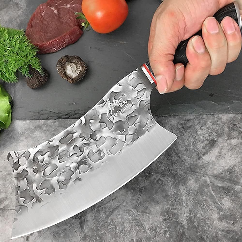 BLADESMITH Butcher Knife 8โ, Forged Meat Cleaver Kitchen Knives, Curved High Carbon Steel Blade, PakaWood Handle, for Slicing and Cutting