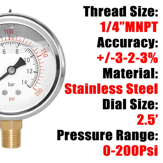 2-1/2" Dial 1/4" NPT 0~200Psi 304 Stainless Steel Glycerin Filled Pressure Gauge Bottom Mount