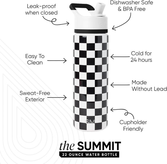 Simple Modern Water Bottle with Straw Lid | Vacuum Insulated Stainless Steel Metal | Reusable Leak Proof BPA-Free Cup for School | Summit Collection | 22oz, Black and White Checkmate