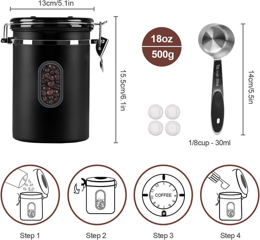 1500ML Airtight Coffee Canister with Date Tracker&Transparent Window, 18OZ Coffe Beans Storage with 30ML Measure Spoon&4 co2 Valve, Coffee Container for Grounds Coffee, Beans, Tea, Sugar, Flour(Black)