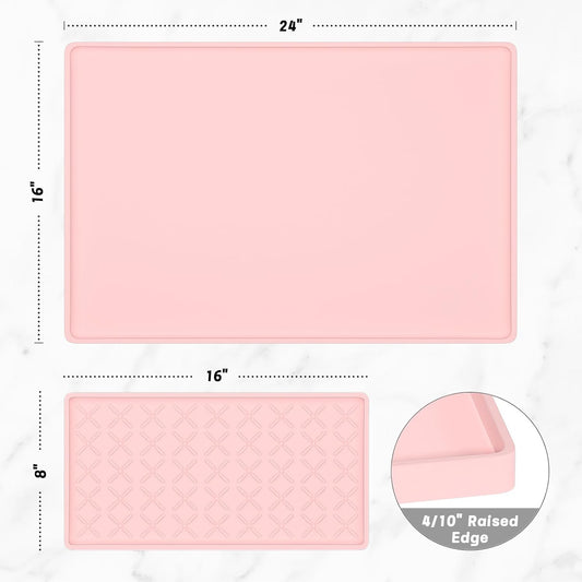 Rnivvi Silicone Coffee Mat, 16" x 24" Waterproof Raised Edge Coffee Bar Mats for Espresso Machine Station Accessories, Heat Resistant Detachable Dish Drying Pad for Kitchen Counter, Dish Rack, Pink