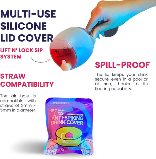 Multi-Use Silicone Anti Spiking Drink Cover Protector With Lift Nā Lock Sip System (1 Pack). Spiking, Spill and Contaminant Prevention. Fits Most Cups And Glasses, Straw Compatibility and Reusable.