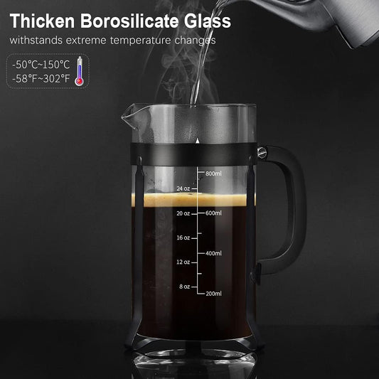 QUQIYSO French Press Coffee Maker 34oz 304 Stainless Steel French Press with 4 Filter, Heat Resistant Durable, Easy to Clean, Borosilicate Glass Coffee Press, 100% BPA Free Glass Teapot, Black