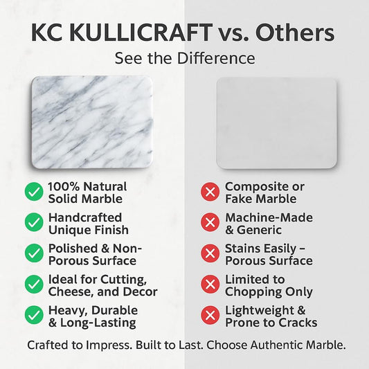 KC KULLICRAFT 8×12 White Marble Cheese & Charcuterie Serving Board – Natural Marble Cutting Board & Pastry Slab with Non‑Slip Feet – Premium Stone Kitchen Tray Gift.