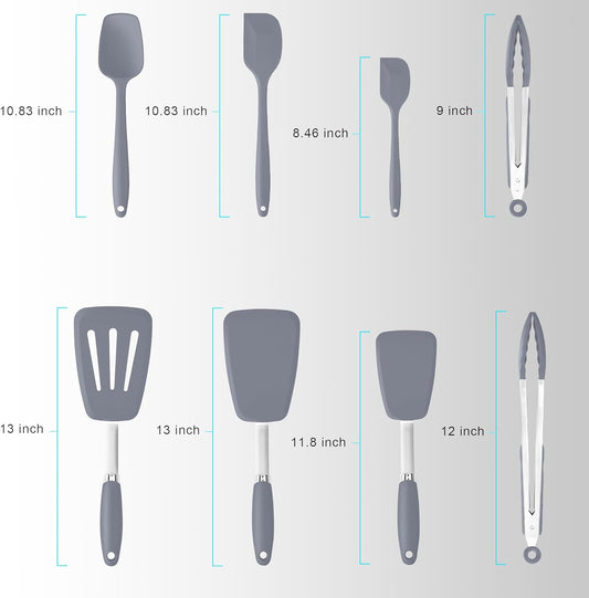 Silicone Spatulas Set Turners Tongs Cooking Utensils Set High Heat Resistant Kitchen Scraper Spatulas for Cooking Mixing Baking BPA Free Dishwasher Safe, Grey