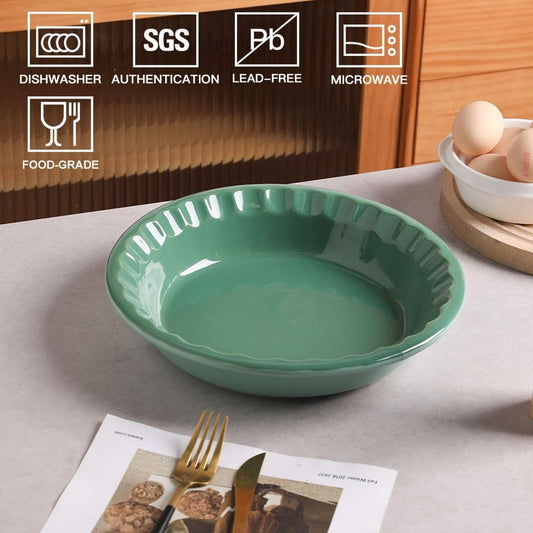 Sweejar Ceramic 10.4 Inches Pie Pan for Baking, Deep and Fluted Porcelain Round Pie Dish, Non-Stick Pie Plate for Pumpkin Pie, Apple Pie, Pie Pots with Morden Farmhouse Design (Green)