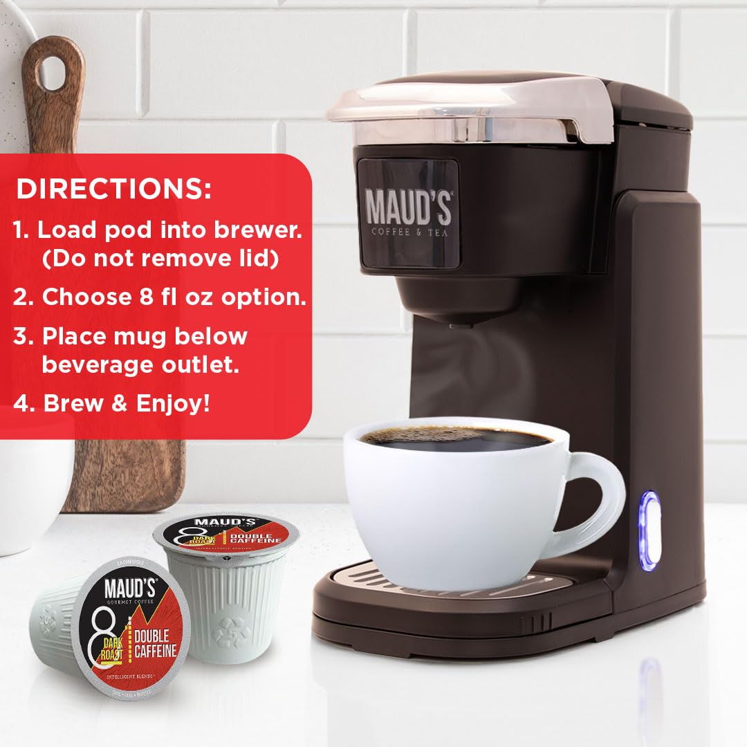 Maud's Double Caffeine Coffee Pods, 18 ct, Dark Roast Coffee in Recyclable Single Serve Pods – 100% Arabica Coffee, Compatible with Keurig K Cups Maker