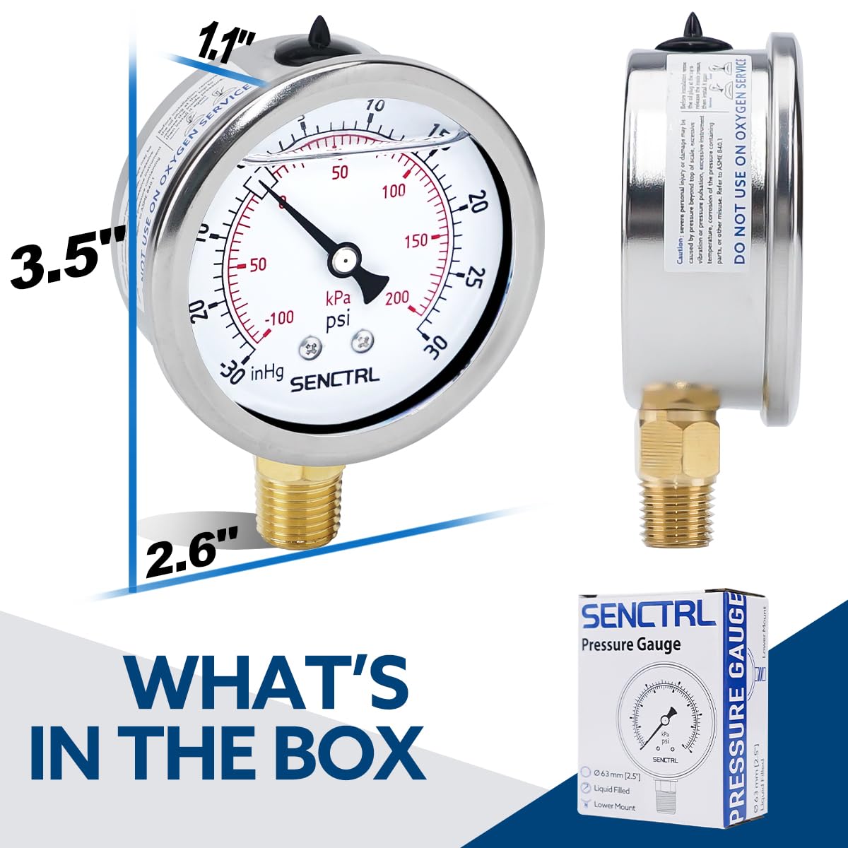 SENCTRL 30 inHg to 30 Psi Vacuum Glycerin Liquid Filled Low Pressure Gauge, 2.5" Dial Size, 1/4" NPT Lower Mount, Stainless Steel Case, for Air Conditioning Manifolds, HVAC, Air Pump Vacuum Test