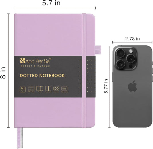 &And Per Se Dotted Journal Notebook, A5 Hardcover Leather Bullet Dotted Journal, 160 Pages 100 gsm Thick Dotted Paper,3 Sheets of Stickers Included - 5.7'' x 8'' (Light lavender)