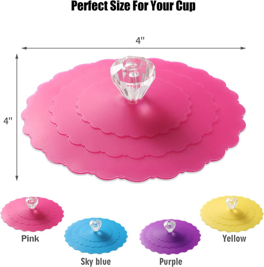 Silicone Cup Covers (Set of 4) , Multicolored Silicone Lids for Mugs, Cups, Tea Pots,Flexible Mug Covers,Hot Cup Lids for Coffee & Tea