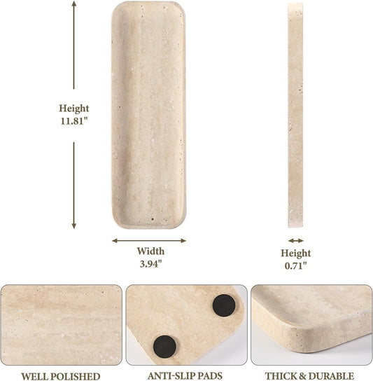 Koville Marble Tray, 12"x8" Marble Vanity Tray for Bathroom Kitchen Countertop, Rectangular Stone Tray for Cosmetics Perfume Trinket, Decorative Catchall Trays (12"x4"-Travertine)