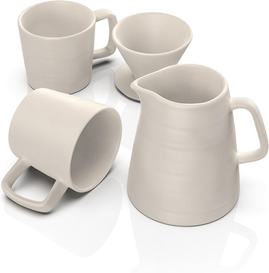 Pour Over Drip Coffee Maker Gift Set with Two Coffee Mugs, Non-Electric Pour Over Coffee Dripper, Easy Manual Brew Maker, Dishwasher and Microwave Safe, Filters not included (Ivory)