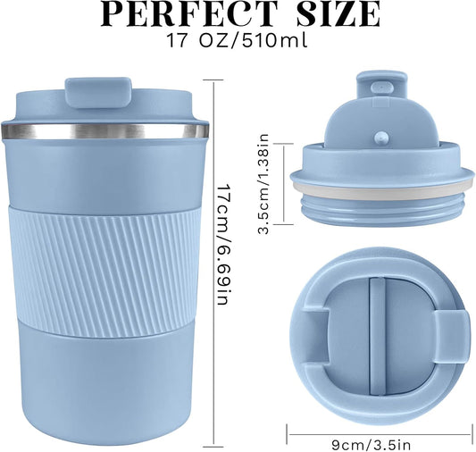 YINBAOGE Insulated Travel Coffee Mug Spill Proof Leak Proof Pobtable To Go Camping Stainless Steel Coffee Tumbler Reusable Coffee Cups with Lids Thermos for Hot and Cold Drink (Light blue, 17 OZ)