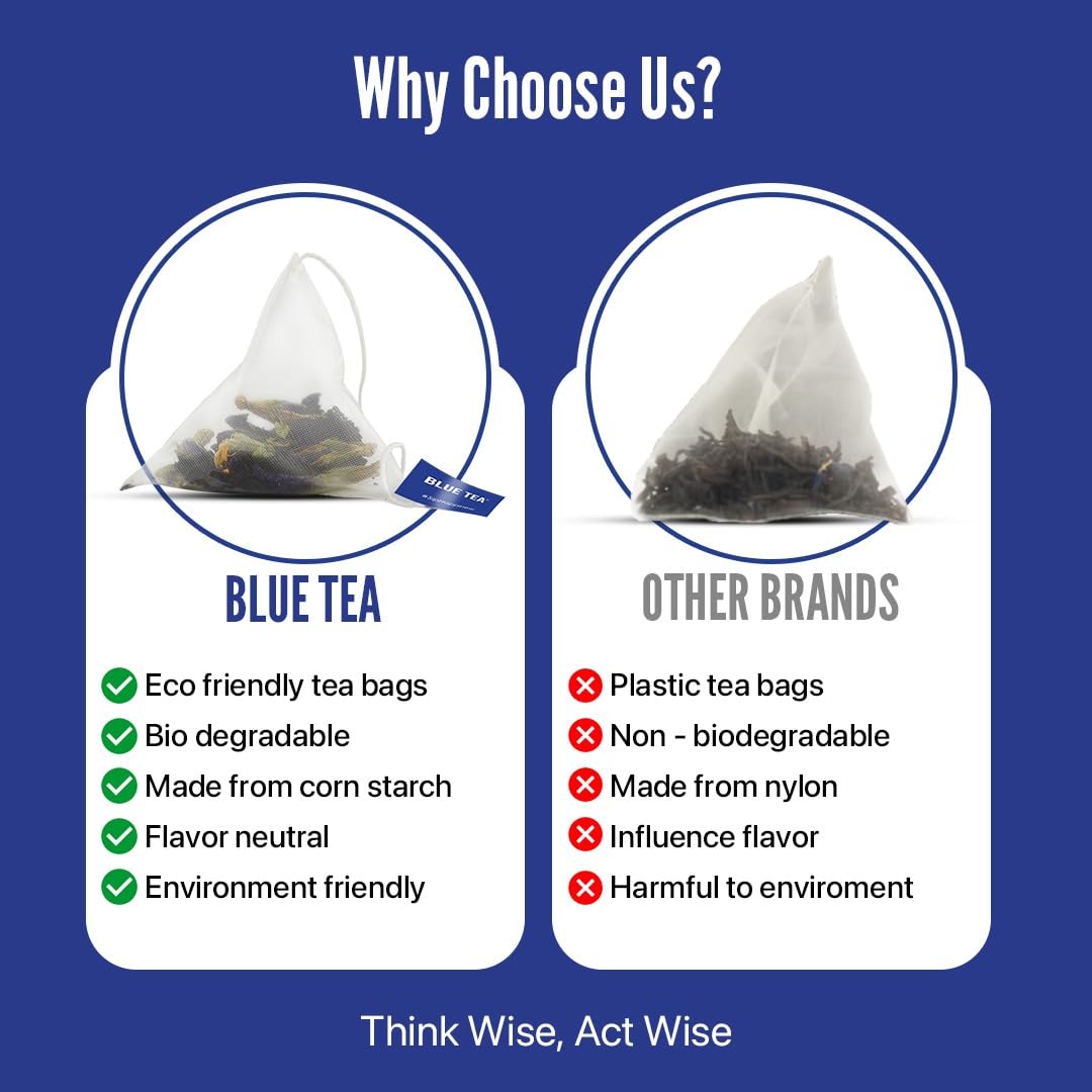 BLUE TEA - Butterfly Pea Flower Tea - 10 Count - Pyramid Plant Based Tea Bag | ANTIOXIDANT RICH | Flower Based - Detox Tea - Herbal Tea - Caffeine Free - Non-Bitter | Zipper Pack