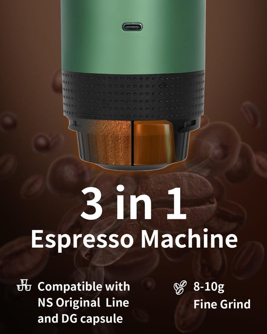 Portable Electric Espresso Machine, Travel Coffee Maker Brewer Compatible with Ground Coffee & NS Capsules (Green with LCD Screen)