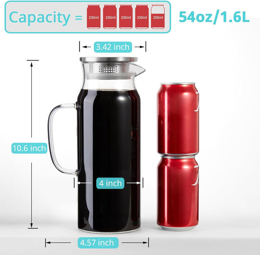 2 Pack 1.6 Liter 54 oz Glass Pitcher with Lid and Spout, Glass Carafe Water Pitcher for Hot/Cold Water, Iced Tea, Drinks, Coffee, Juice and Homemade Beverage