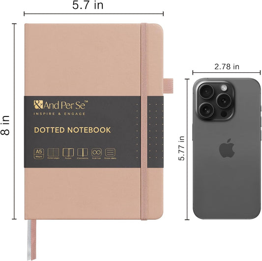 &And Per Se Dotted Journal Notebook, A5 Hardcover Leather Bullet Dotted Journal, 160 Pages 100 gsm Thick Dotted Paper,3 Sheets of Stickers Included - 5.7'' x 8''(Apricot)