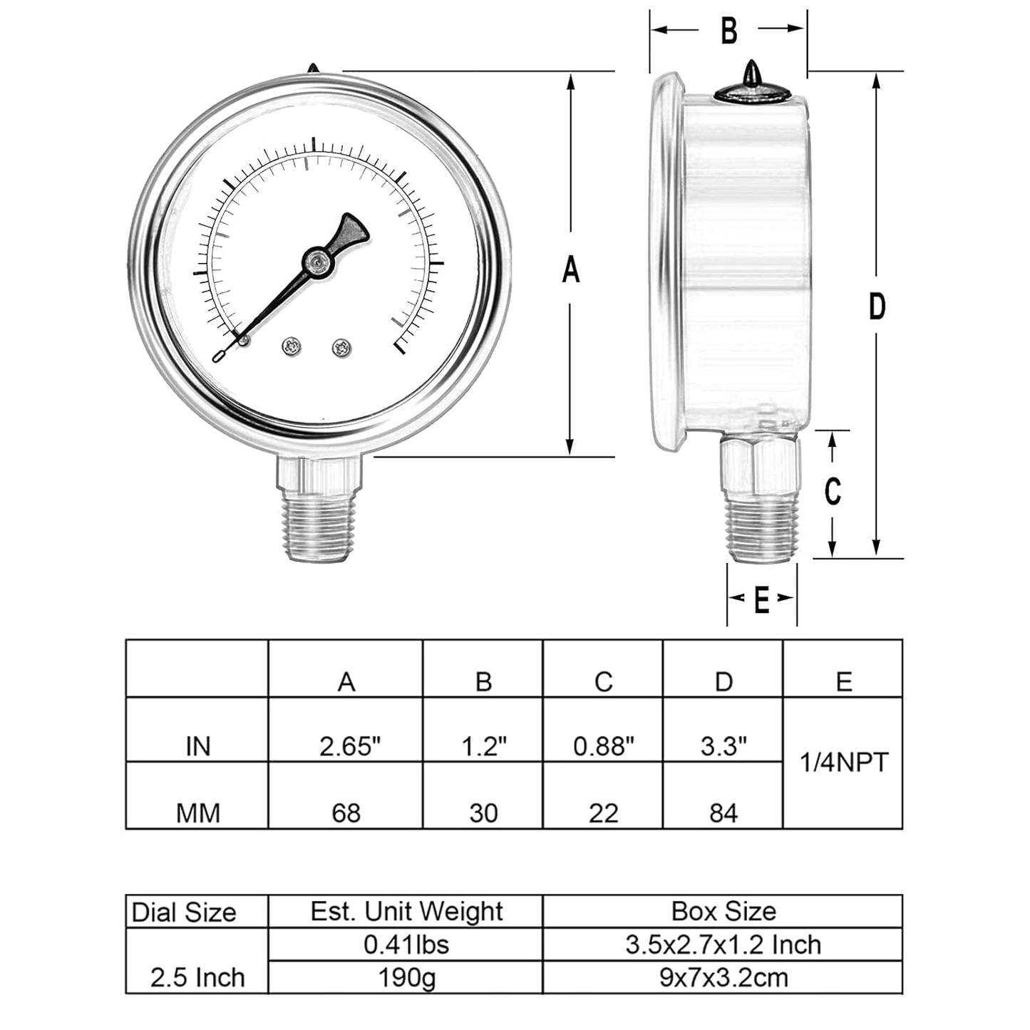 Glycerin Filled Pressure Gauge 100psi/7bar, Stainless Steel case, Brass Inside Construction, 2-1/2" dial, 1/4" NPT Rear Connection.