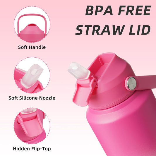 BJPKPK Water Bottle with Straw Lid, 32oz Vacuum Insulated Water Bottles, Metal Stainless Steel Thermos for Sports, Travel, BPA Free Leak Proof Thermos, Cups, Flasks, Tumblers,Cherry