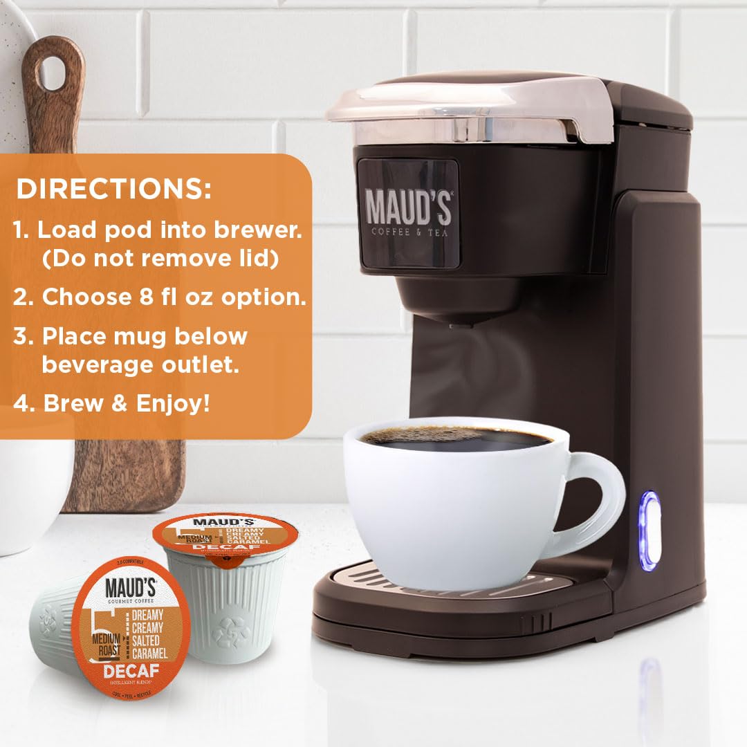Maud's Salted Caramel Flavored Coffee Pods, 18 ct, Medium Roast Flavored Coffee in Recyclable Single Serve Pods – 100% Arabica Beans, Compatible with Keurig K Cups Maker