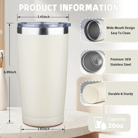 20 oz Tumbler with Lids and Straws, Stainless Steel Insulated Coffee Tumbler, Double Wall Vacuum Insulated Travel Mug Cup, Leakproof Thermal Coffee Cup for Hot and Cold Drinks (cream)