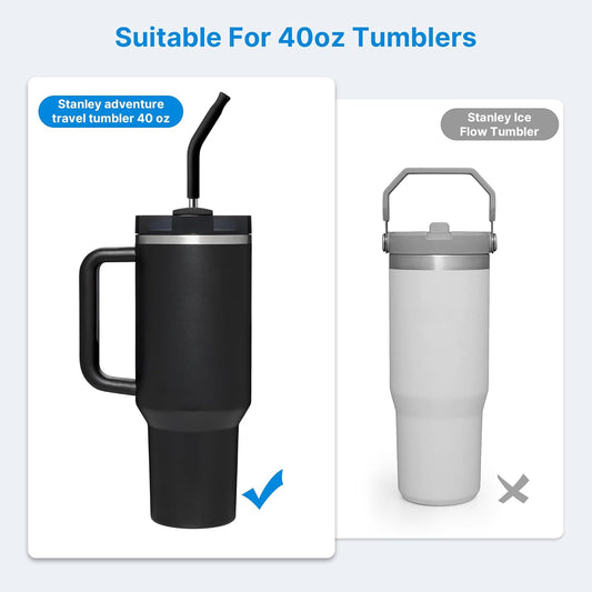 Metal Straw with Silicone Tip for 40oz Stanley Cup, 2 Pcs Stainless Steel Straws Replacement for Stanley 40 oz Adventure Quencher Travel Tumbler Cup, 1 Straw Brush (Black)