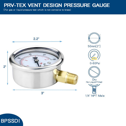 0-60 Psi Low Pressure Gauge, 2.5" Dial Size, 1/4" NPT Lower Mount, 304 Stainless Steel Case, Water Pressure Gauge Test for Water Pump, Pneumatic Air, RV Hose(with Tape)
