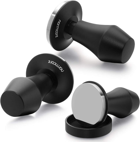 Normcore 58.5mm Coffee Tamper V4 - Spring-loaded Tamper with 15lb / 25lb / 30lbs Replacement Springs - Anodized Aluminum Handle and Stand - Stainless Steel Flat Base
