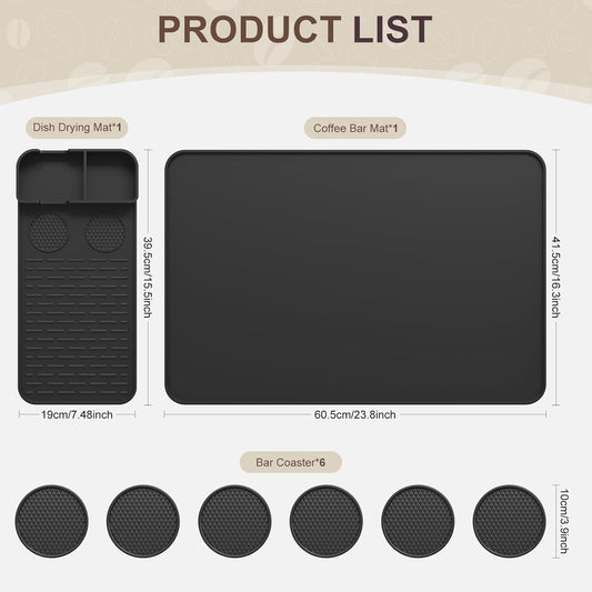 24''x16'' Silicone Coffee Mat with 6PCS Coasters,Counter Bar Mat with Detachable Dish Drying Mat for Kitchen Countertops,Coffee Bar Accessories (Black, 24 x 16 inches)