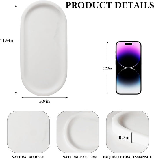 Koville Natural Marble Tray for Bathroom Decor Countertop, Vanity Tray Italy Oval Stone Trays for Candles Perfume, Storage Trays for Cosmetics, Jewelry, Decorative Tray for Dresser Organizer(White)