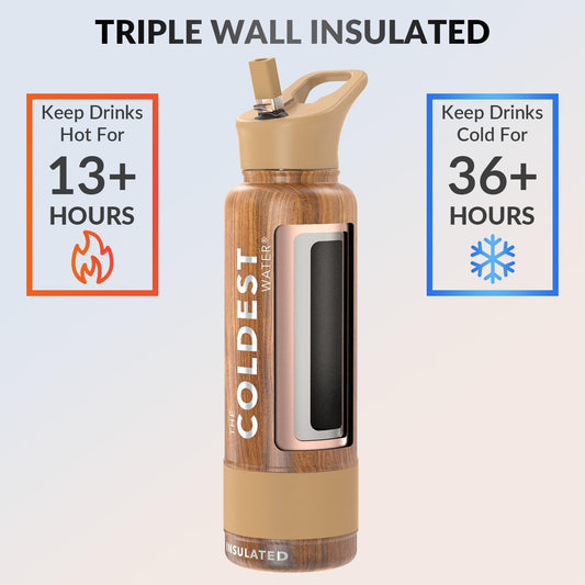 Coldest Insulated Water Bottle with Straw Lid - Stainless Steel Metal Insulated Bottle for Men & Women (Executive Wood, 40 oz)