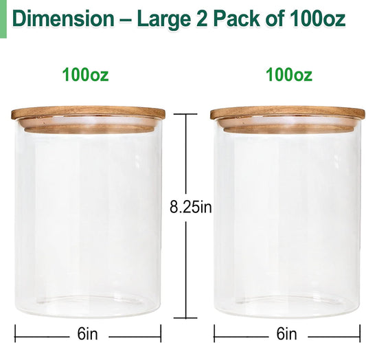 Urban Green Glass Jars with Airtight Lids, Airtight Glass Canisters set, Large Food Storage Containers with Wood Lids, 2 Pack of 100oz, Dry Food Pantry Jars, Flour Containers
