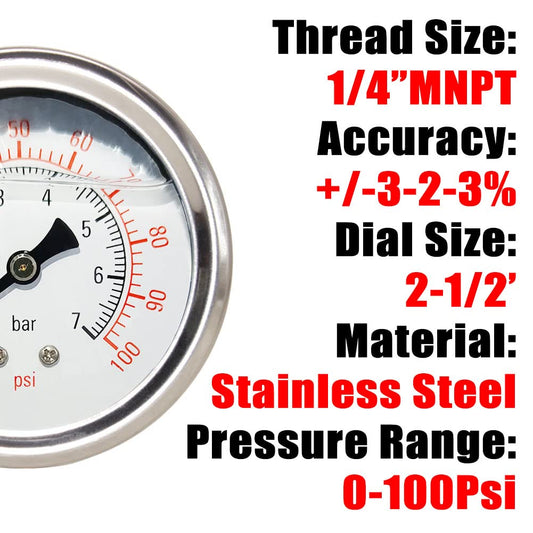 Pressure Gauge 1/4" NPT 0-100Psi Glycerin Filled 2 1/2 inch Dial 304 Stainless Steel Case Center Back Mount