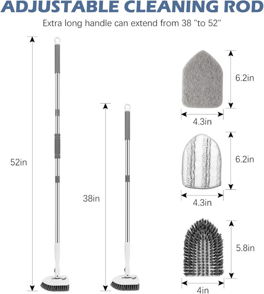 SetSail Floor Scrub Brush, 3-in-1 Tile Tub Floor Scrubber with 52-inch Adjustable Long Handle Shower Cleaner Brush and 4 Detachable Replacement Brush Heads for Cleaning Bathroom Tub Tile, White